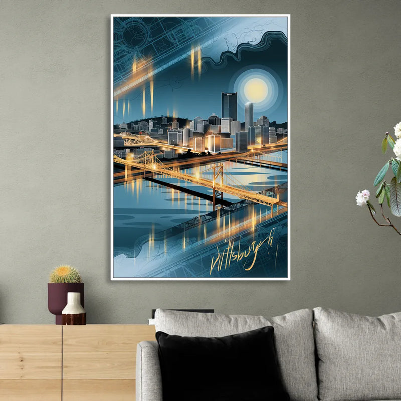 Pittsburgh Skyline and Map Sitting Room - White Canvas Wall Art
