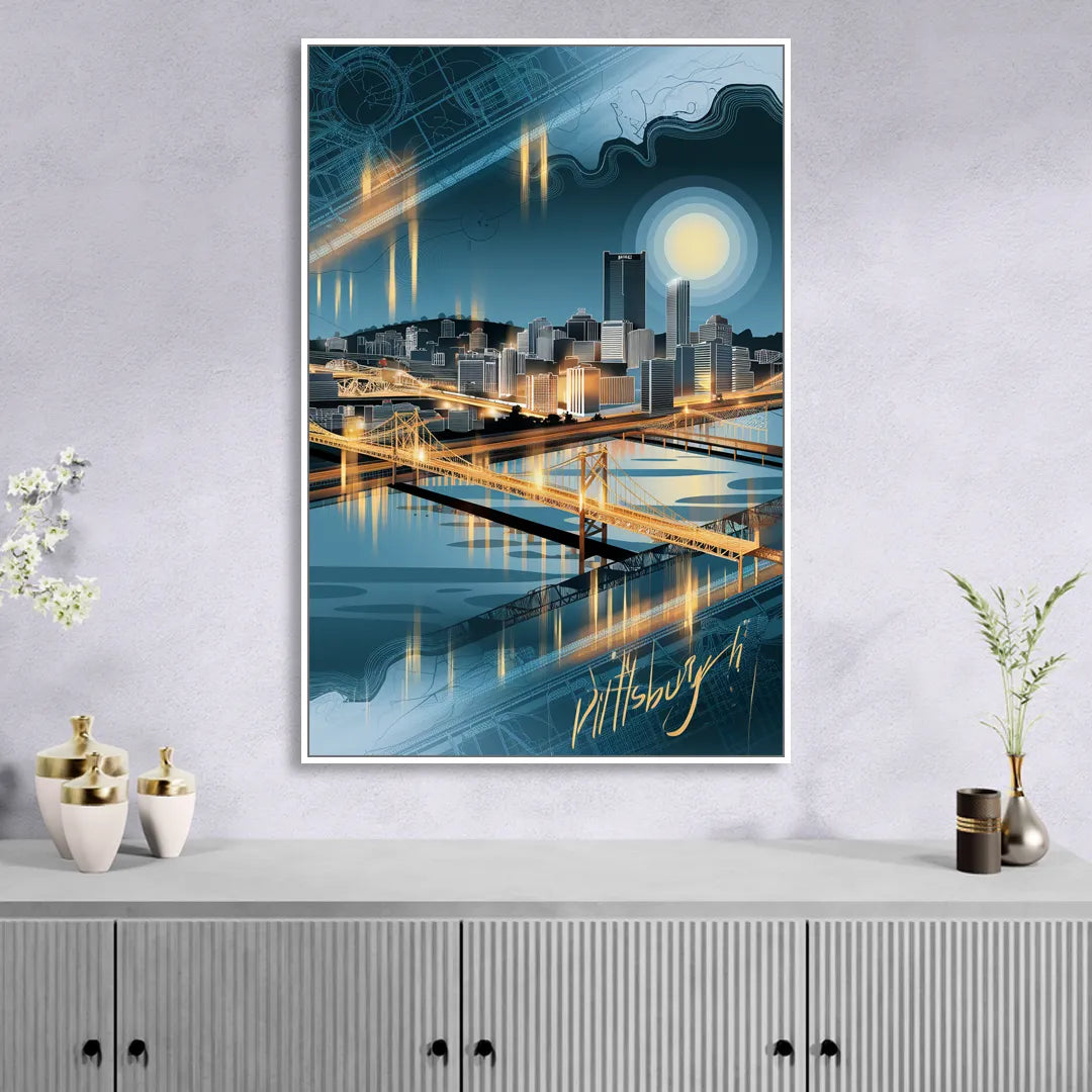 Pittsburgh Skyline and Map Living Room - White Canvas Wall Art