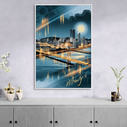 Pittsburgh Skyline and Map Living Room - White Canvas Wall Art