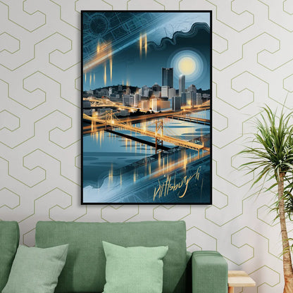 Pittsburgh Skyline and Map Sitting Room - Black Canvas Wall Art