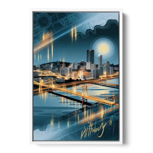 Pittsburgh Skyline and Map - White Framed Canvas Wall Art - Front
