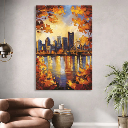 Pittsburgh Skyline in Autumn Living Room - Canvas Wall Art