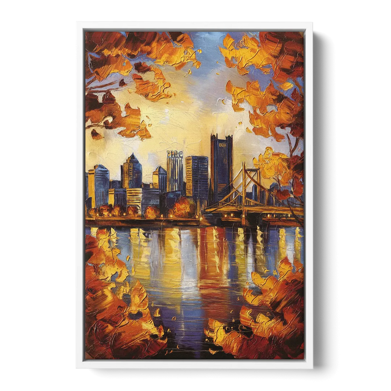 Pittsburgh Skyline in Autumn Front - White Canvas Wall Art