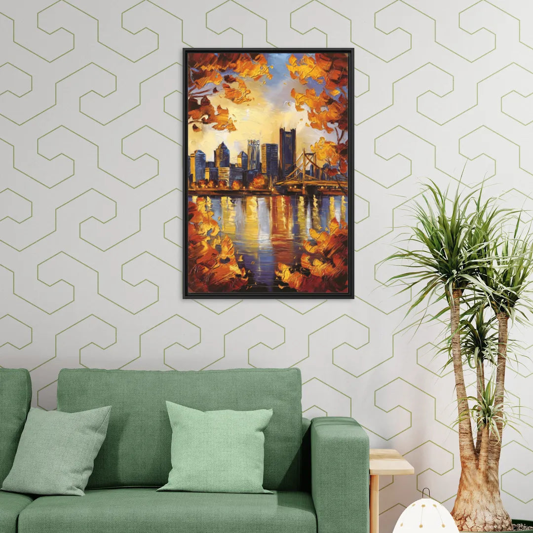 Pittsburgh Skyline in Autumn - Living Room Black Frame Canvas