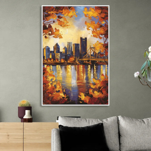 Pittsburgh Skyline in Autumn Living Room - White Canvas Wall Art