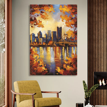 Pittsburgh Skyline in Autumn Sitting Room - Canvas Wall Art