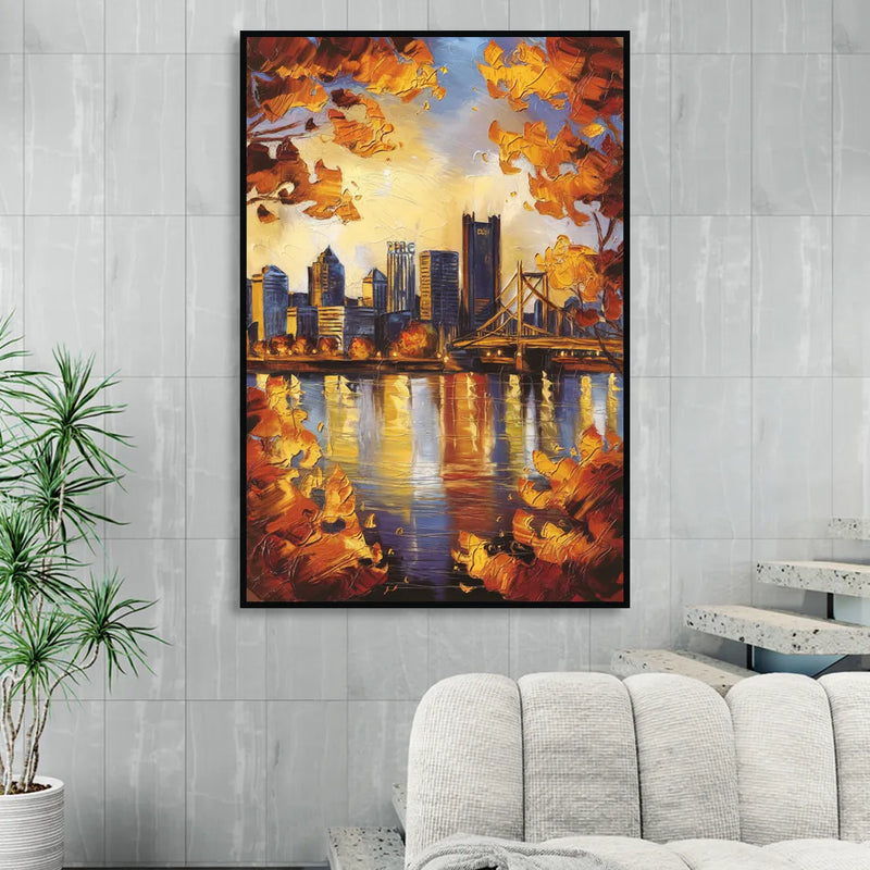 Pittsburgh Skyline in Autumn Sitting Room - Black Canvas Wall Art
