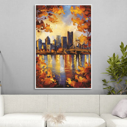 Pittsburgh Skyline in Autumn Sitting Room - White Canvas Wall Art