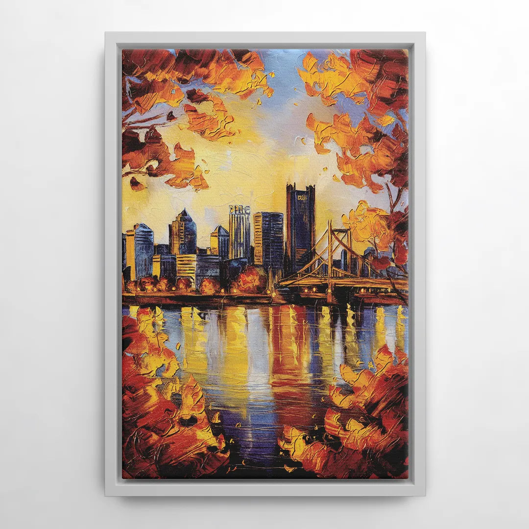 Pittsburgh Skyline in Autumn - White Frame Canvas