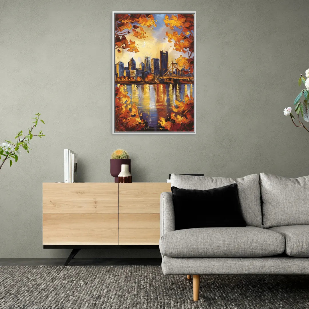 Pittsburgh Skyline in Autumn - Living Room White Frame Canvas
