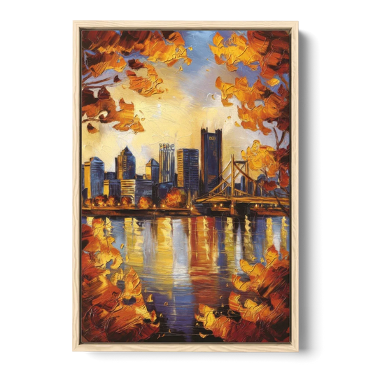 Pittsburgh Skyline in Autumn - Oak Framed Canvas Wall Art - Front
