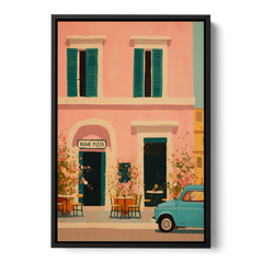Pizza Art of a Pink Roman Pizzeria - Black Framed Canvas Wall Art - Front
