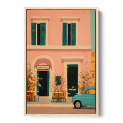 Pizza Art of a Pink Roman Pizzeria - Oak Framed Canvas Wall Art - Front