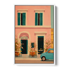 Pizza Art of a Pink Roman Pizzeria - White Framed Canvas Wall Art - Front