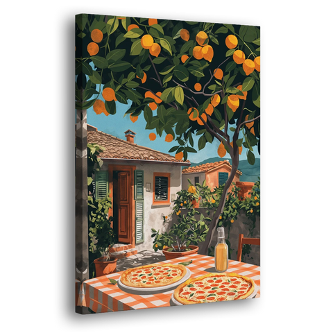 Pizza Painting Under an Orange Tree - Canvas Wall Art - Side