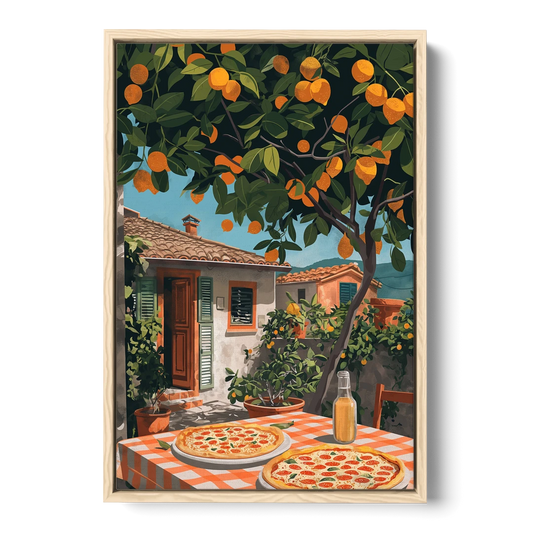 Pizza Painting Under an Orange Tree - Oak Framed Canvas Wall Art - Front
