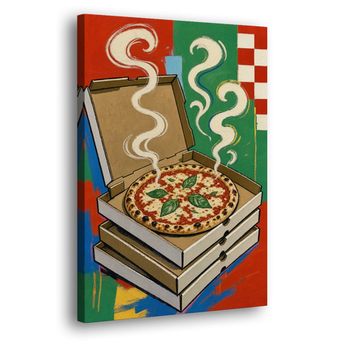 Pizza Shop Decor with a Steaming Stack of Boxes - Canvas Wall Art - Side