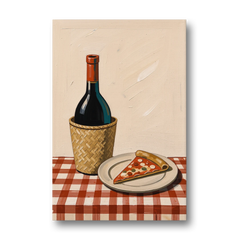 Pizza Slice and Wine Bottle on Checked Tablecloth - Canvas Wall Art - Front