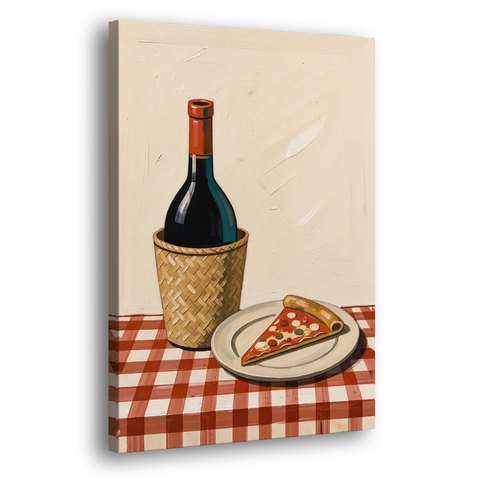 Pizza Slice and Wine Bottle on Checked Tablecloth - Canvas Wall Art - Side