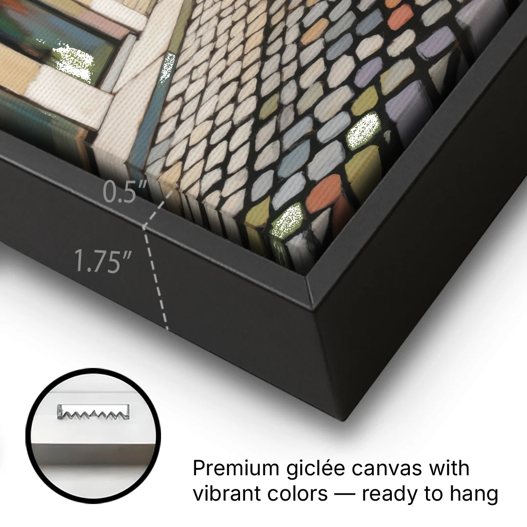 Place Royale Cobblestones - Black Framed Canvas Wall Art - Gallery Wrap Corner