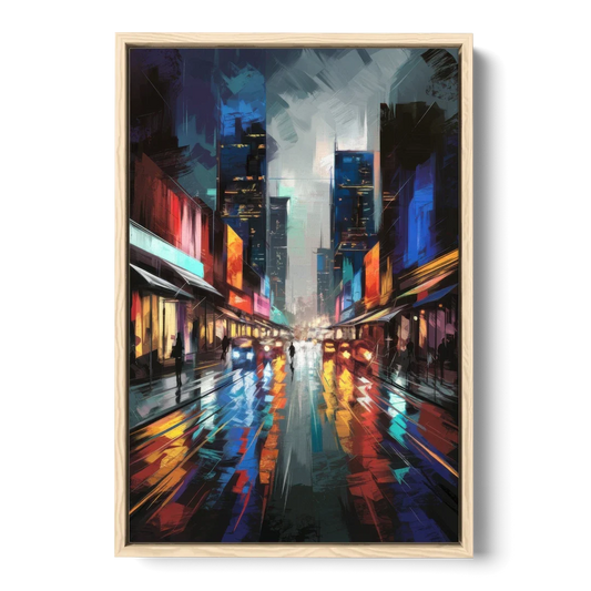 Plano Nightlife Glow Neon - Oak Framed Canvas Wall Art - Front