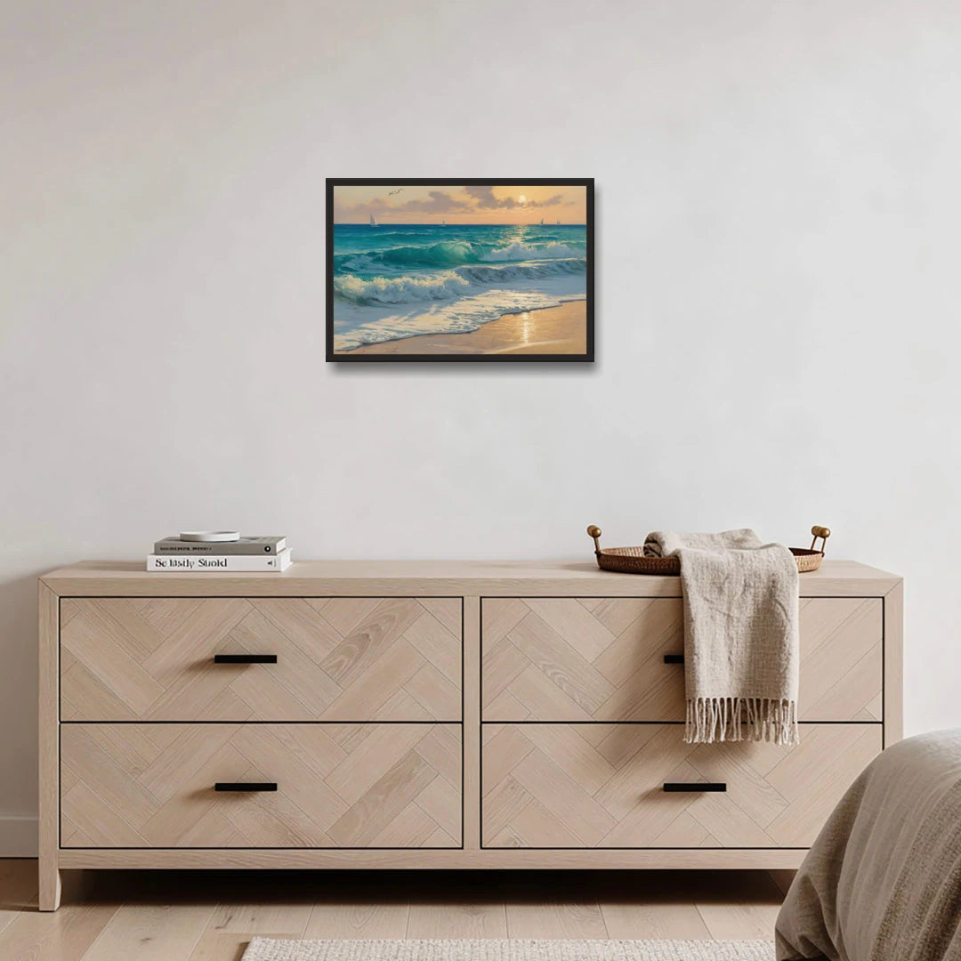 Playa Chac Mool Waves - Black Framed Canvas Wall Art - Coffee Table - 24x16
