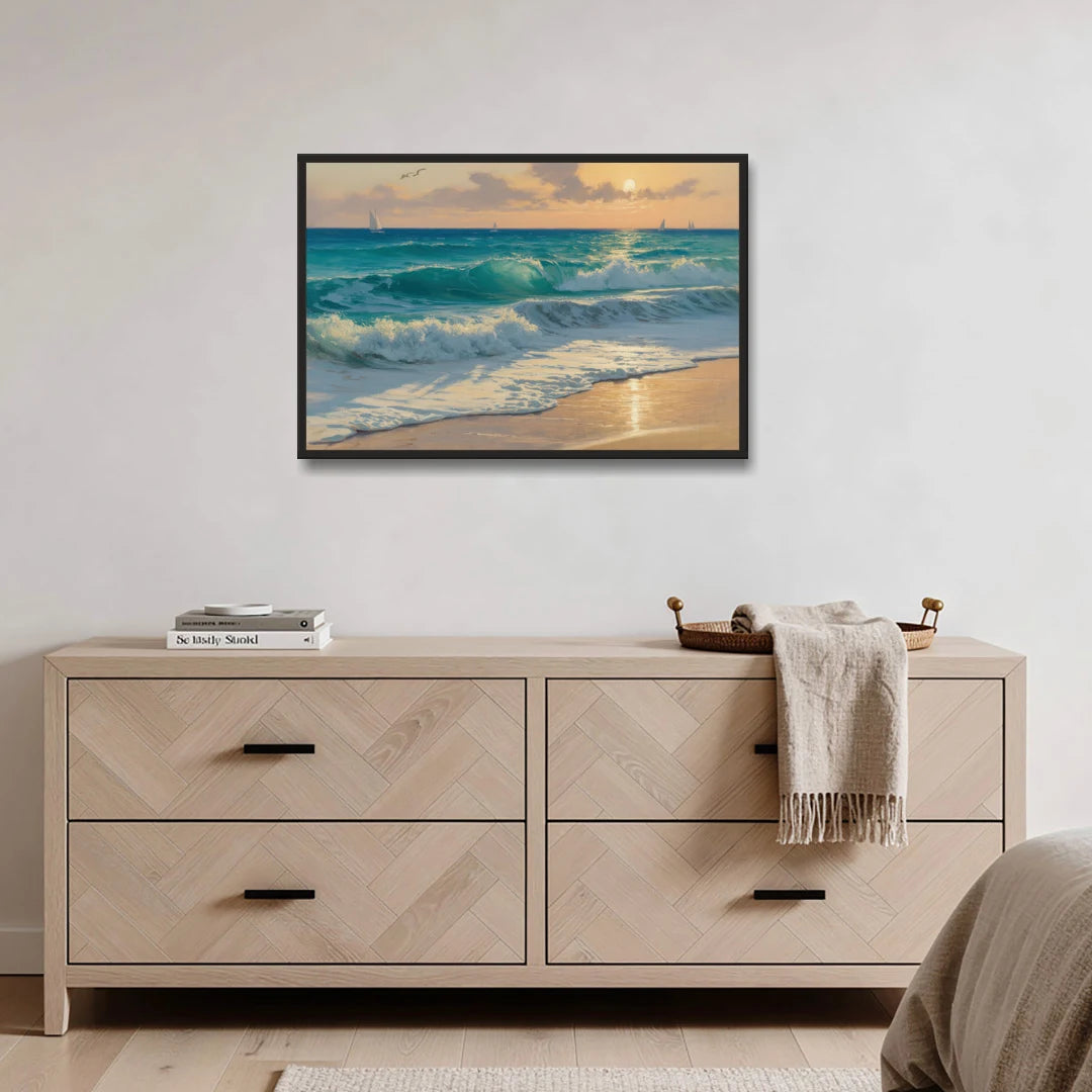 Playa Chac Mool Waves - Black Framed Canvas Wall Art - Coffee Table - 36x24