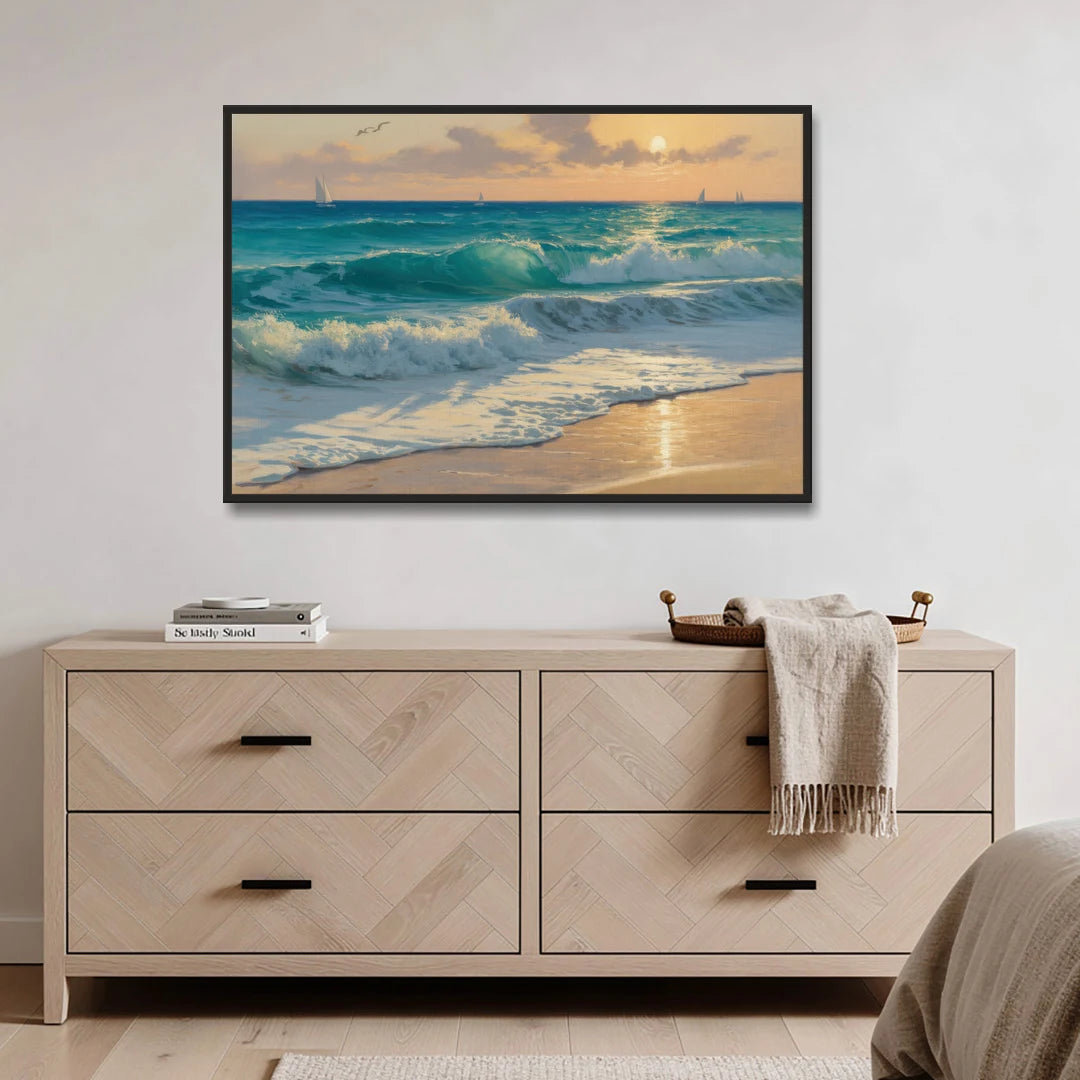 Playa Chac Mool Waves - Black Framed Canvas Wall Art - Coffee Table - 48x32
