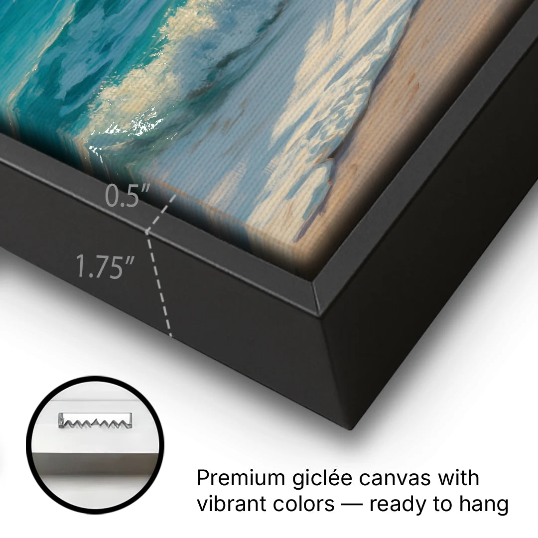 Playa Chac Mool Waves - Black Framed Canvas Wall Art - Gallery Wrap Corner