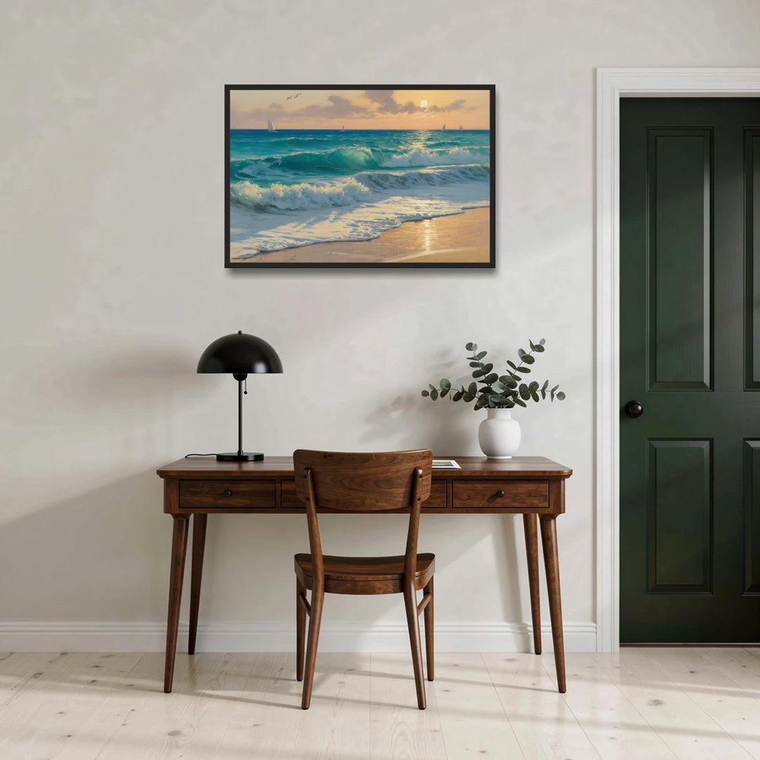Playa Chac Mool Waves - Black Framed Canvas Wall Art - Office - 36x24
