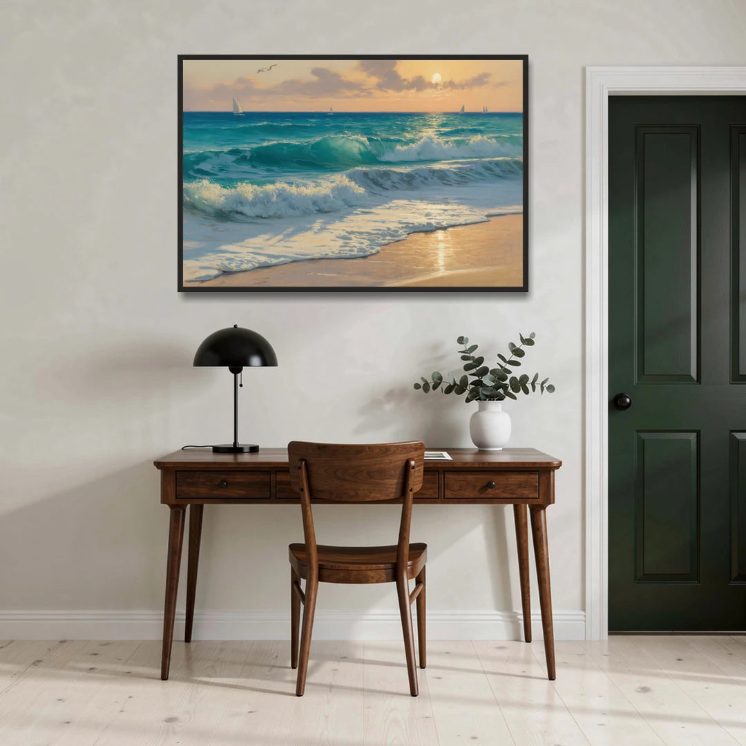Playa Chac Mool Waves - Black Framed Canvas Wall Art - Office - 48x32