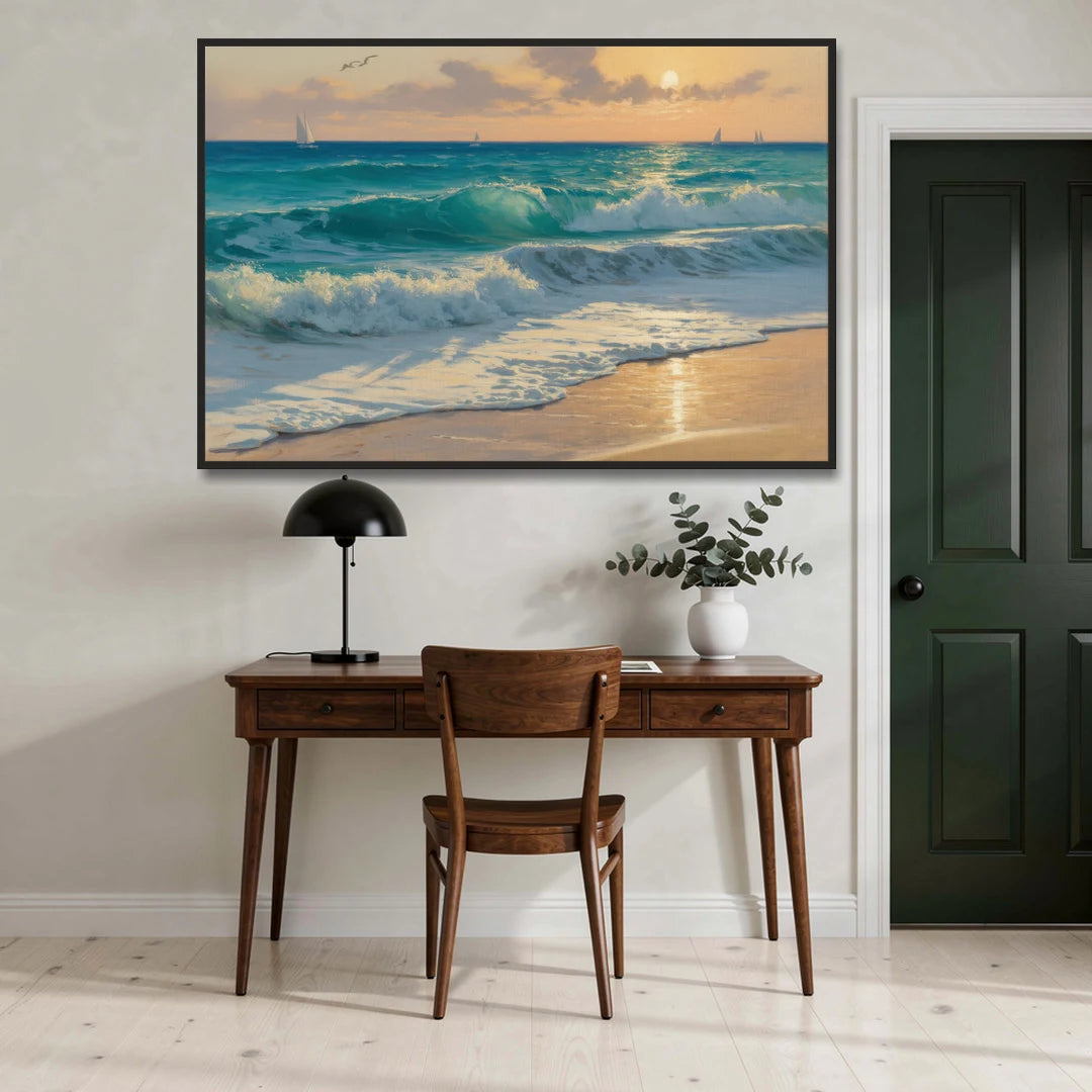 Playa Chac Mool Waves - Black Framed Canvas Wall Art - Office - 60x40