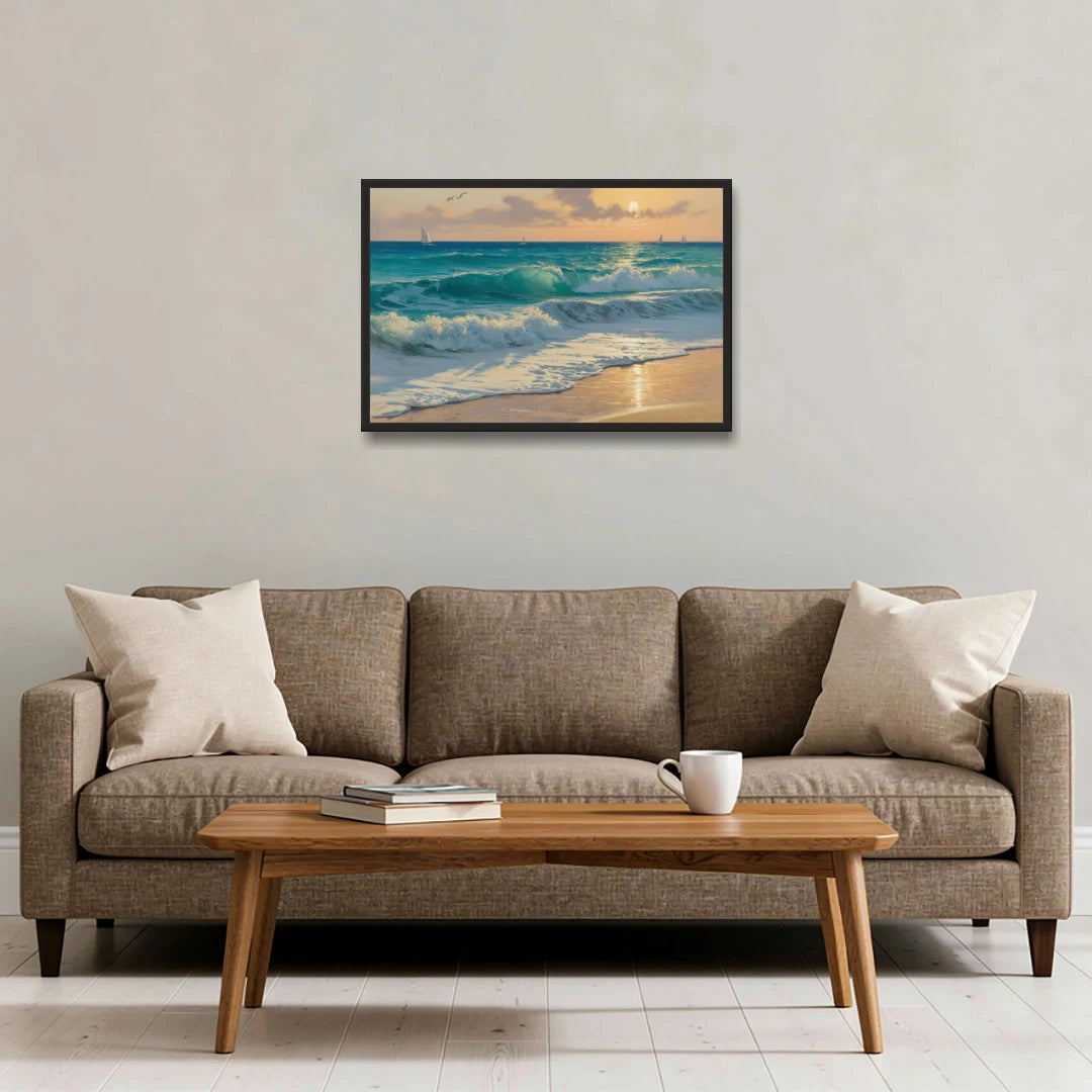 Playa Chac Mool Waves - Black Framed Canvas Wall Art - Sofa - 30x20