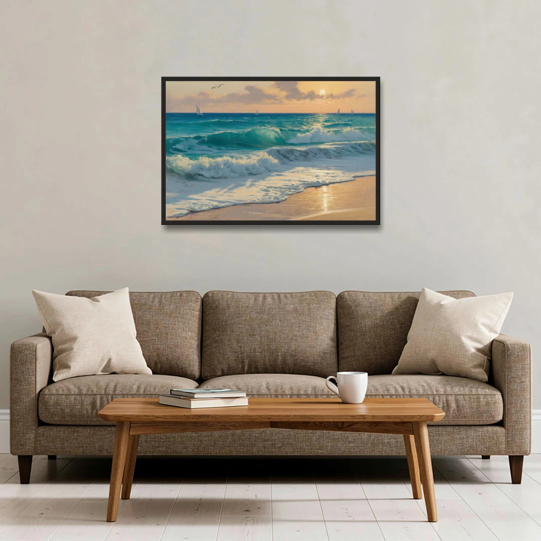 Playa Chac Mool Waves - Black Framed Canvas Wall Art - Sofa - 36x24