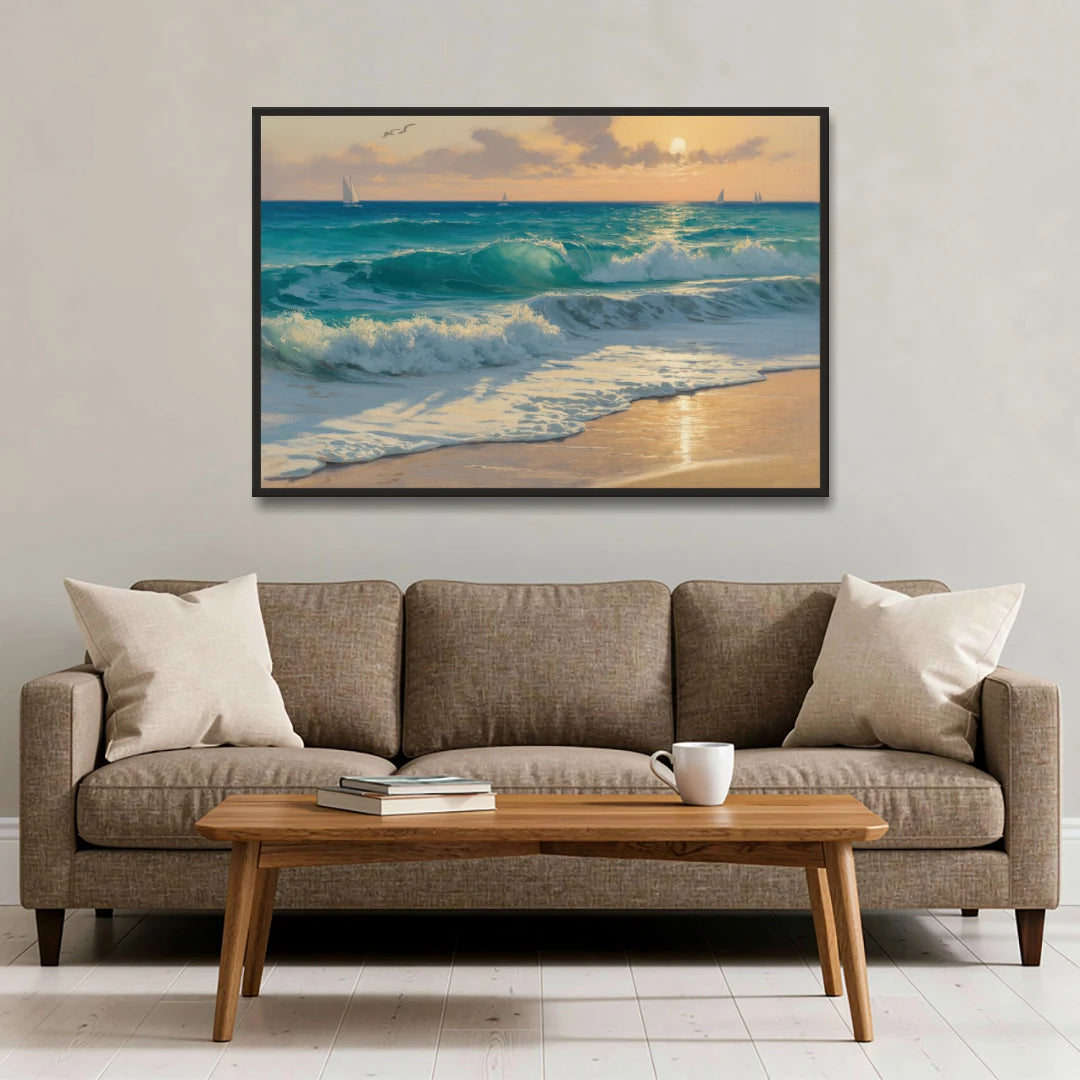 Playa Chac Mool Waves - Black Framed Canvas Wall Art - Sofa - 48x32
