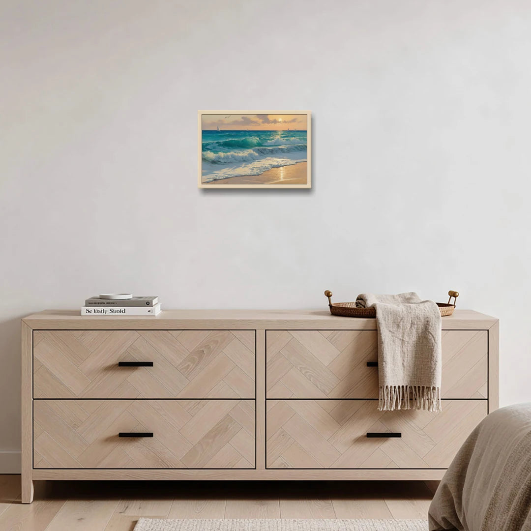 Playa Chac Mool Waves - Oak Framed Canvas Wall Art - Coffee Table - 18x12