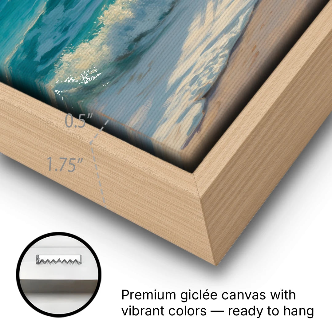 Playa Chac Mool Waves - Oak Framed Canvas Wall Art - Gallery Wrap Corner