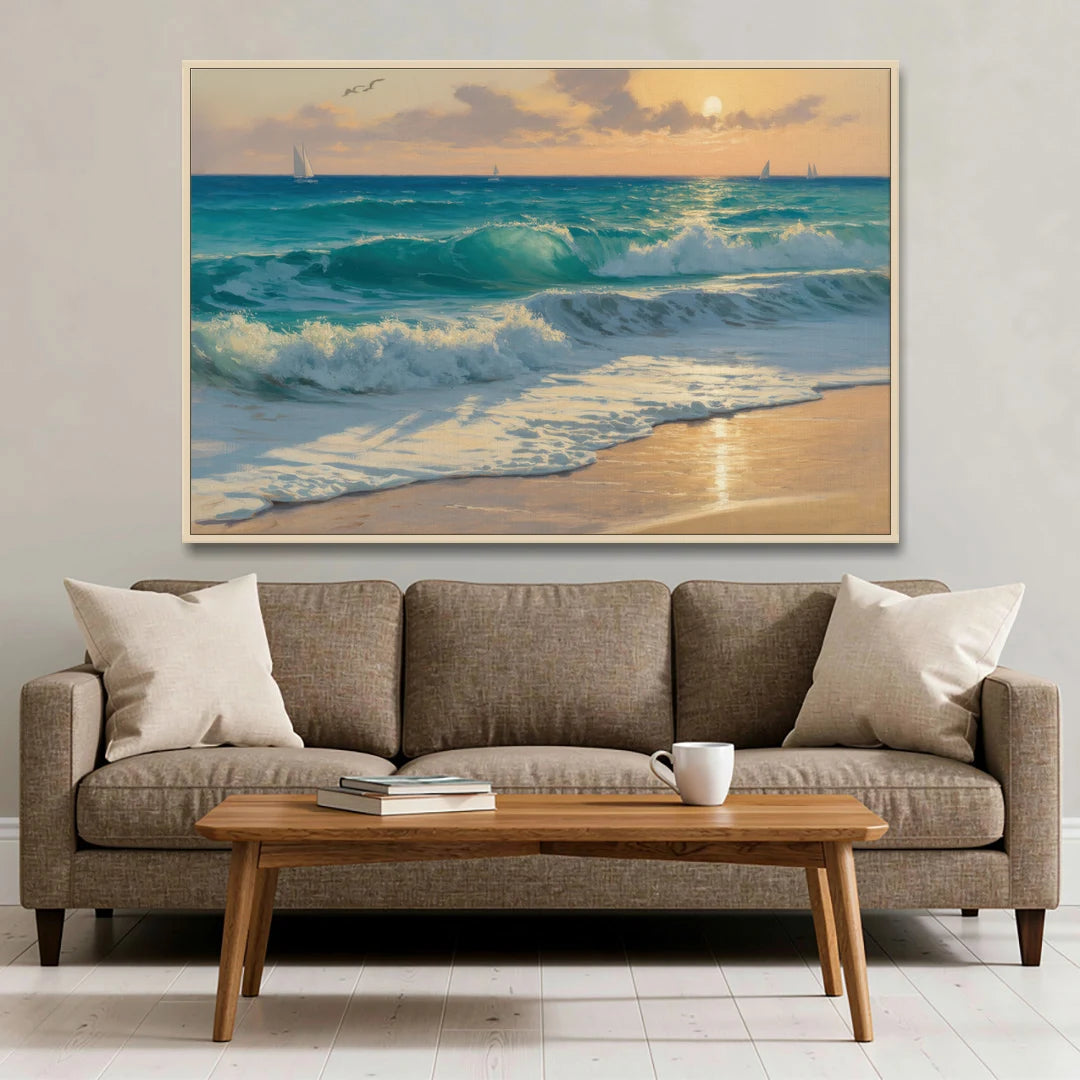 Playa Chac Mool Waves - Oak Framed Canvas Wall Art - Sofa - 60x40