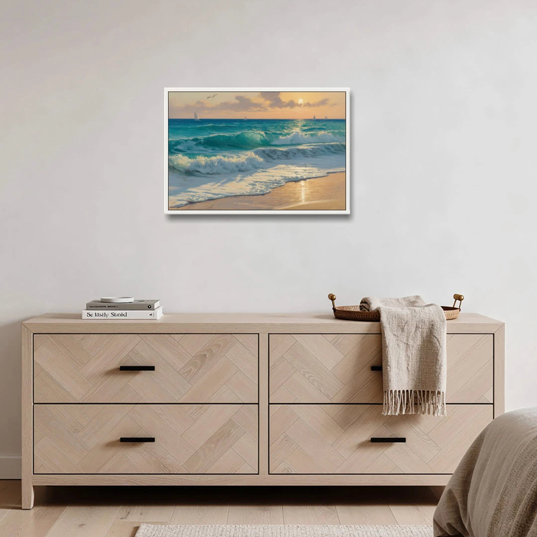 Playa Chac Mool Waves - White Framed Canvas Wall Art - Coffee Table - 30x20