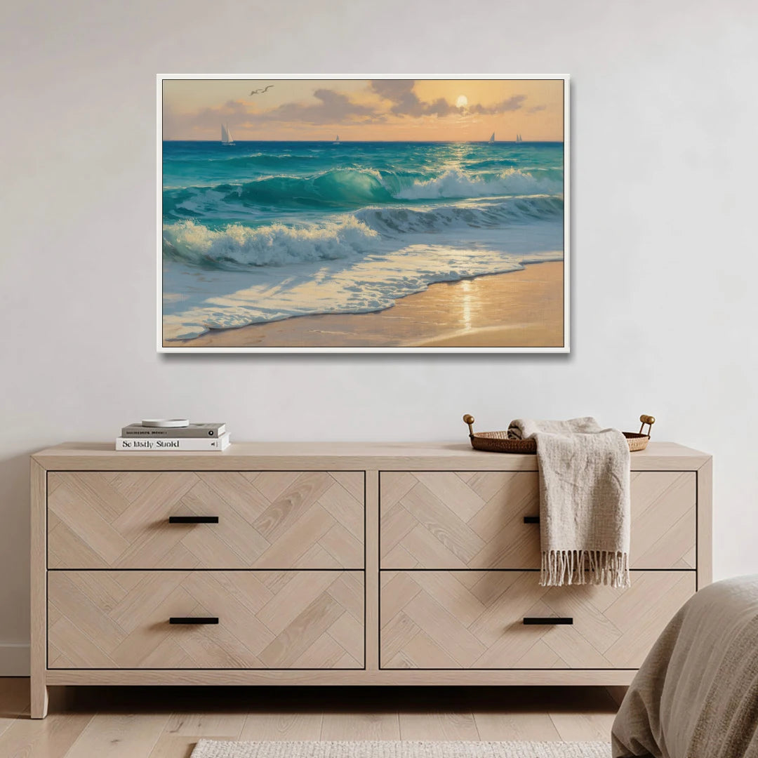 Playa Chac Mool Waves - White Framed Canvas Wall Art - Coffee Table - 48x32