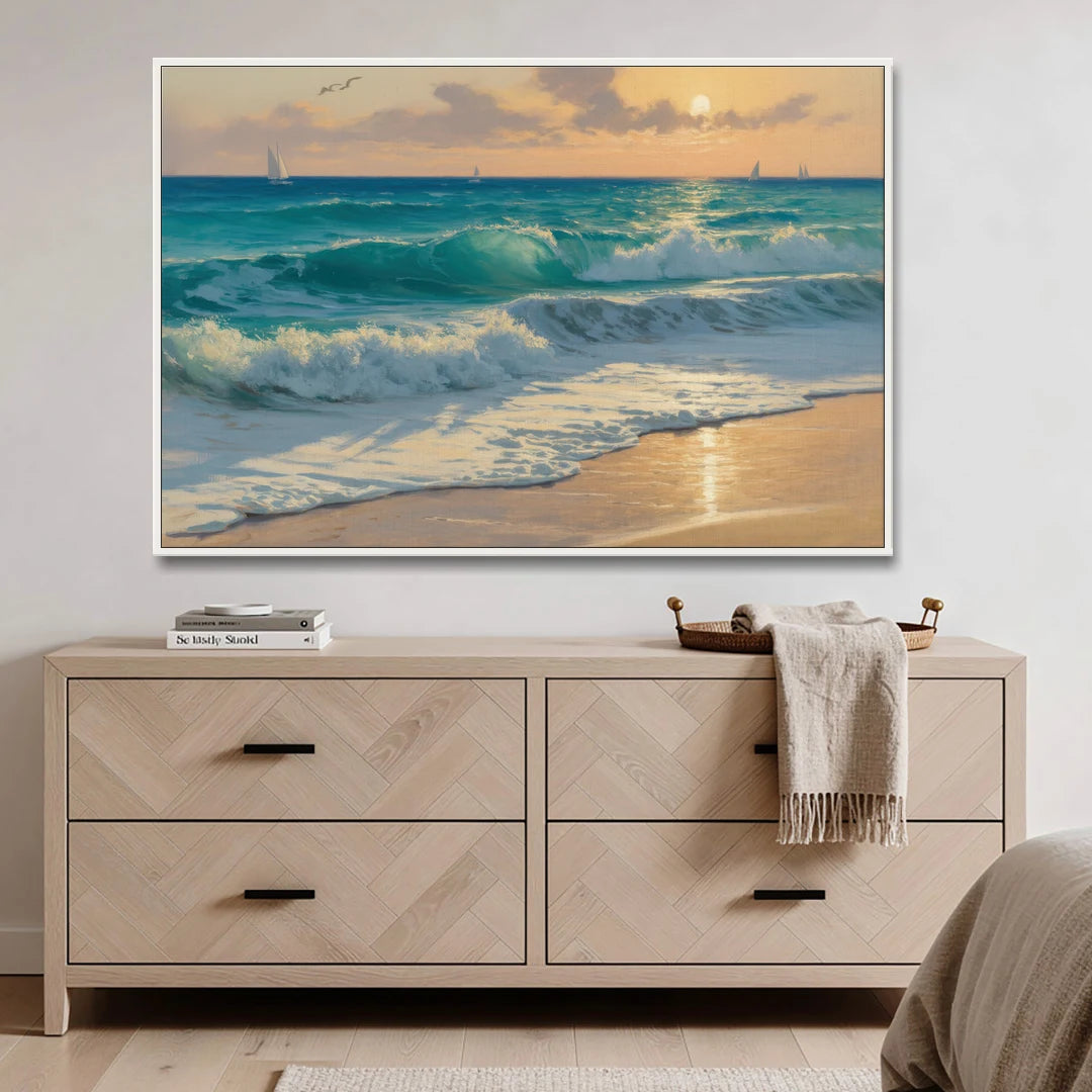 Playa Chac Mool Waves - White Framed Canvas Wall Art - Coffee Table - 60x40