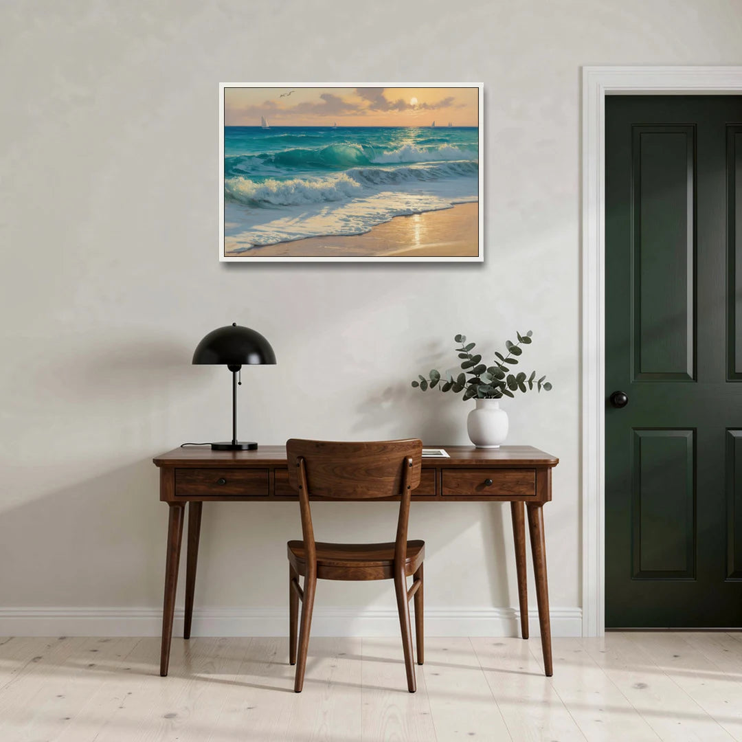Playa Chac Mool Waves - White Framed Canvas Wall Art - Office - 36x24