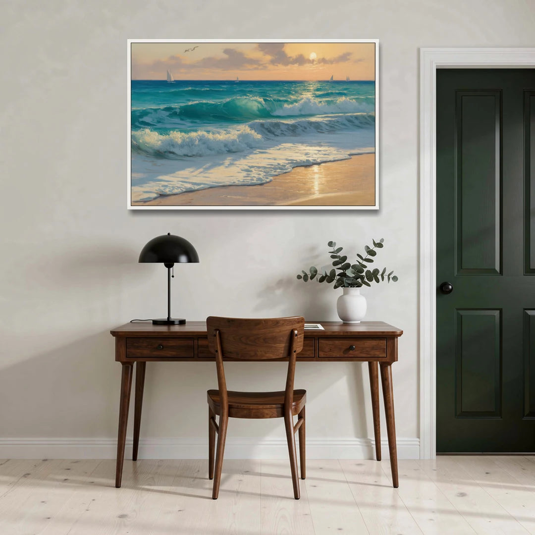 Playa Chac Mool Waves - White Framed Canvas Wall Art - Office - 48x32