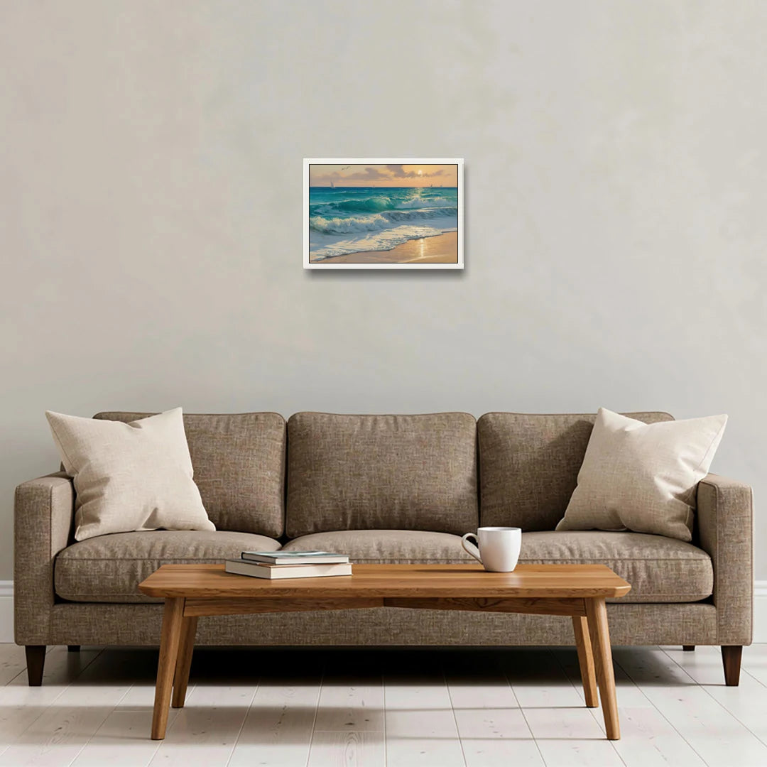 Playa Chac Mool Waves - White Framed Canvas Wall Art - Sofa - 18x12