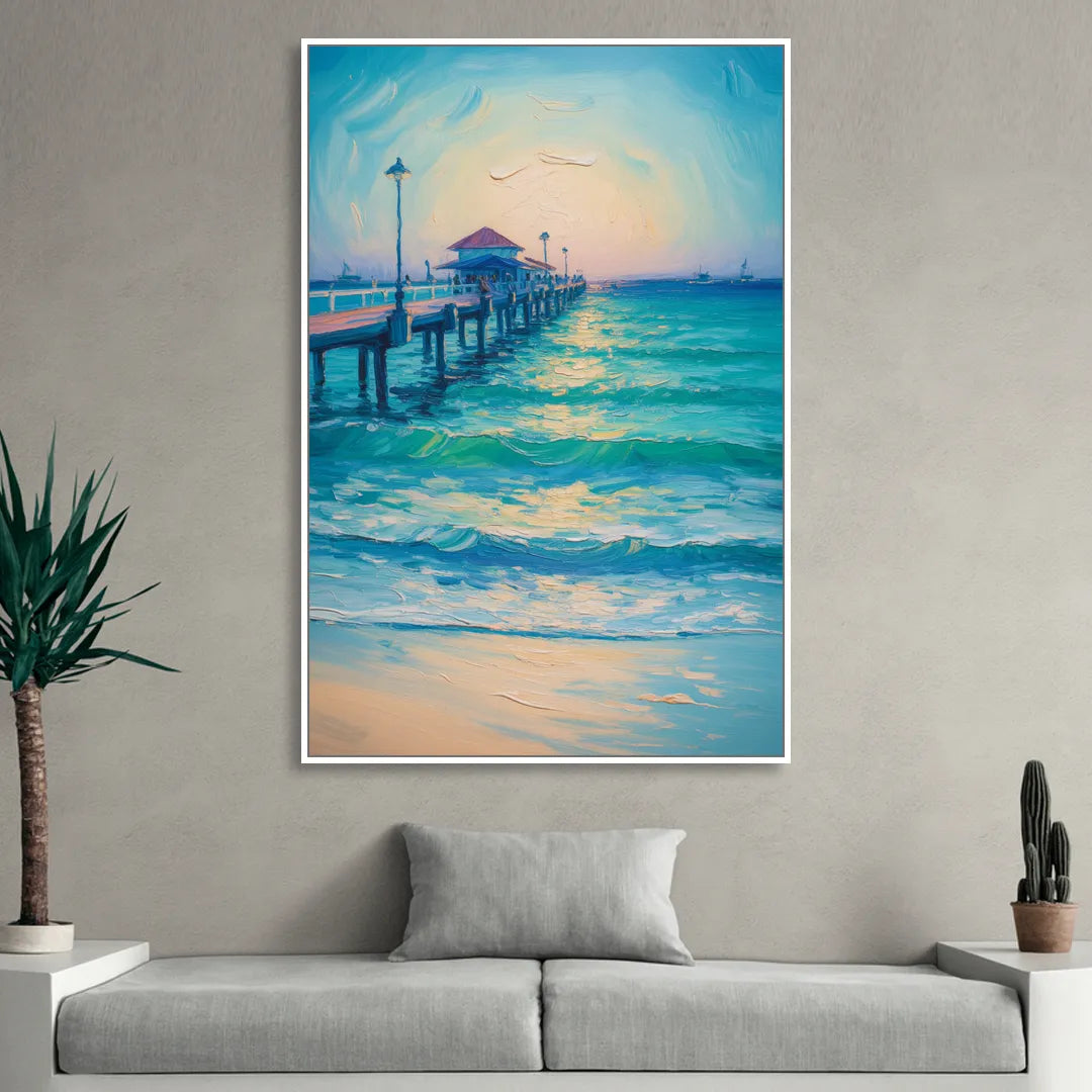 Playa del Carmen Pier Sitting Room - White Canvas Wall Art