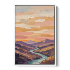 Plum Hills and Teal River at Sunset - White Framed Canvas Wall Art - Front