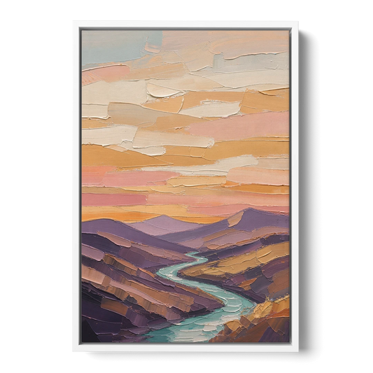 Plum Hills and Teal River at Sunset - White Framed Canvas Wall Art - Front