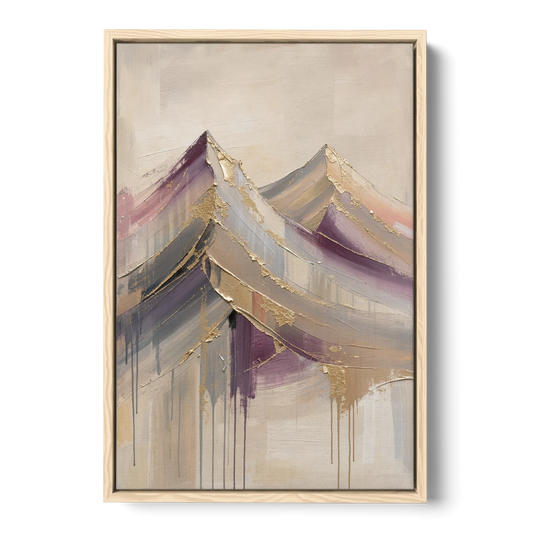 Abstract Plum and Gold Mountain Peaks - Oak Framed Canvas Wall Art - Front