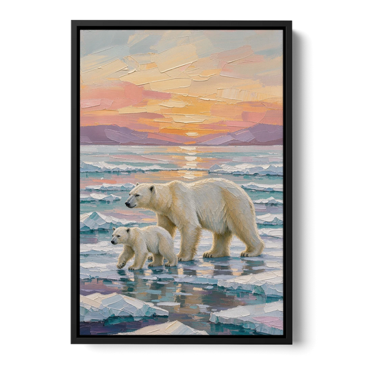 Polar Bear Painting with Cub at Sunset - Black Framed Canvas Wall Art - Front