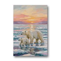 Polar Bear Painting with Cub at Sunset - Canvas Wall Art - Front